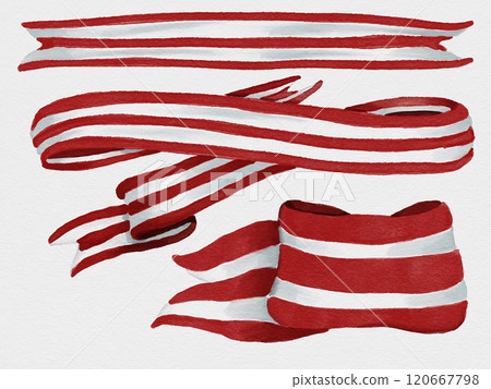 Red and white ribbons for gifts in watercolor. Watercolor ribbons and tags isolated on white background. 120667798