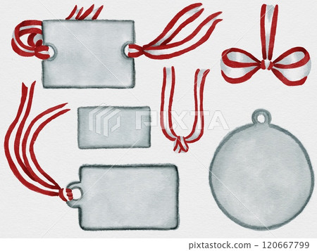 Red and white ribbons and tags for gifts in watercolor. Watercolor ribbons and tags isolated on white background. Red and white ribbons and tags for gifts in watercolor. Watercolor ribbons and tags isolated on white background. 120667799