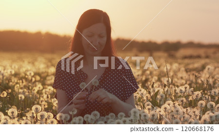 brunette Woman In A Dress Enjoying Summer In Countryside At Sunset. Beautiful Young Woman In A Field Blow Dandelion. Gimbal Stabilize. brunette Woman In A Dress Enjoying Summer In Countryside At Sunset. Beautiful Young Woman In A Field Blow Dandelion. Gimbal Stabilize. 120668176