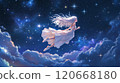 Young woman with long white hair and a white dress floats gracefully in a starry night sky, high above the clouds 120668180
