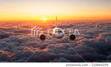 Airplane flying above the clouds at sunset, representing travel and vacation Airplane flying above the clouds at sunset, representing travel and vacation 120668204
