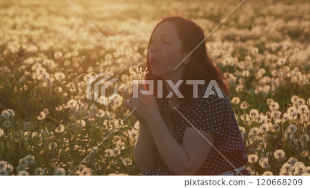 Beautiful Woman Blowing Dandelion On Meadow At Sunset. Pretty Brunette Blowing Dandelion Flower. Slow motion. Beautiful Woman Blowing Dandelion On Meadow At Sunset. Pretty Brunette Blowing Dandelion Flower. Slow motion. 120668209