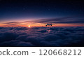 Commercial aircraft soaring above the clouds at sunset, with a beautiful starry sky 120668212