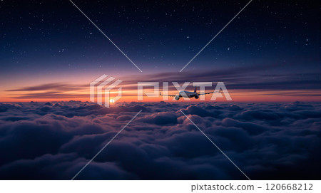 Commercial aircraft soaring above the clouds at sunset, with a beautiful starry sky 120668212