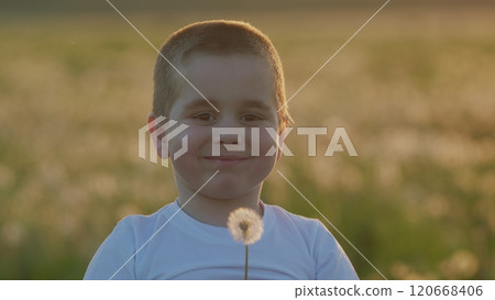 Happy Childhood. Small Boy Blowing Dandelion Seed Head. Beautiful 5 Year Old Child Blows A Fluffy Dandelion. Playful Little Boy Blows Dandelion. Gimbal shot. 120668406