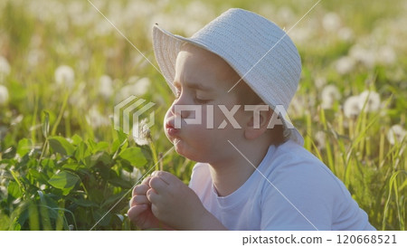 Happy Childhood. Small Boy Blowing Dandelion Seed Head. Beautiful 5 Year Old Child Blows A Fluffy Dandelion. Playful Little Boy Blows Dandelion. Steadicam Shot. Happy Childhood. Small Boy Blowing Dandelion Seed Head. Beautiful 5 Year Old Child Blows A Fluffy Dandelion. Playful Little Boy Blows Dandelion. Steadicam Shot. 120668521
