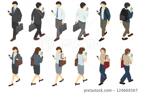 Isometric illustration: walking while using a smartphone Isometric illustration: walking while using a smartphone 120668567
