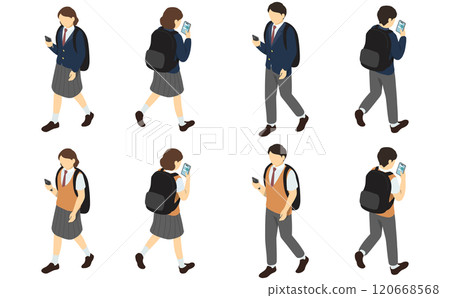 Isometric illustration: Walking while using a smartphone (high school student) 120668568