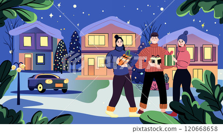 Christmas celebration winter scene with people exchanging gifts in snowy neighborhood with decorated houses and trees colorful night sky holiday theme 120668658