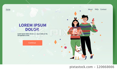 Couple celebrating winter holidays with dog festive sweaters snowflakes abstract shapes website design template Couple celebrating winter holidays with dog festive sweaters snowflakes abstract shapes website design template 120668666