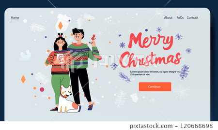 Christmas couple with dog celebrating holiday in festive sweaters surrounded by winter elements snowflakes and leaves website design 120668698