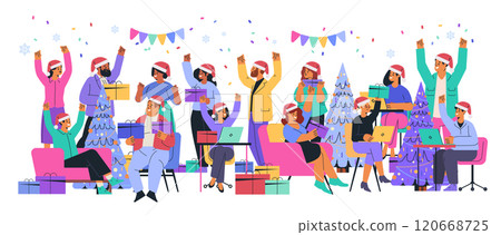 Office Christmas party celebration festive gathering colleagues exchanging gifts wearing Santa hats decorated tree laptops confetti colorful decor 120668725