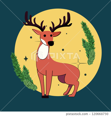 Deer with antlers in front of a yellow moon with green branches and stars on a dark background. Nature and wildlife theme Deer with antlers in front of a yellow moon with green branches and stars on a dark background. Nature and wildlife theme 120668730