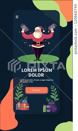 Santa Claus holding gifts festive mobile app design with colorful presents and decorative leaves on dark background Santa Claus holding gifts festive mobile app design with colorful presents and decorative leaves on dark background 120668749
