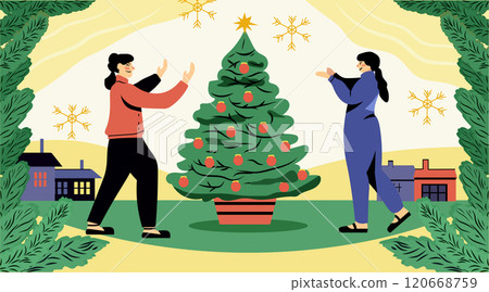 Christmas tree decorating festive scene with two people outdoors snowflakes houses colorful winter setting 120668759