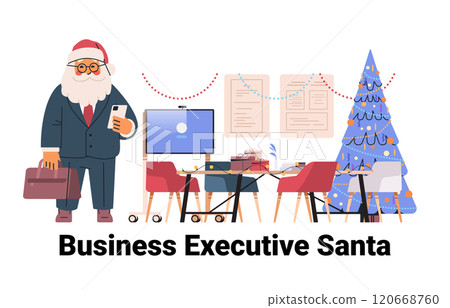 Business executive Santa office Christmas theme festive Santa Claus in suit holding phone briefcase office setting tree decorations gifts desk 120668760