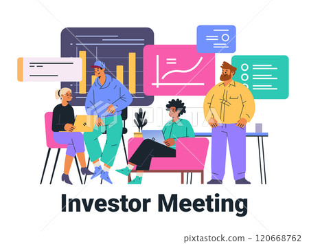 Investor meeting business team collaboration concept. Diverse group discussing charts and data with laptops in modern office setting. Colorful design elements 120668762