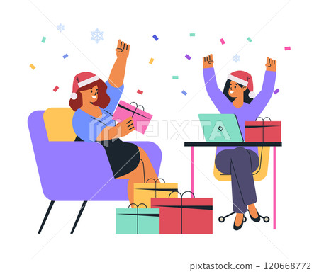 Two women celebrating Christmas exchanging gifts confetti snowflakes colorful office setting festive cheer digital design 120668772