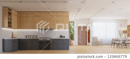 Modern open kitchen with dining area. 120668779
