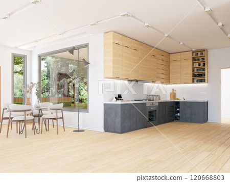 Modern open kitchen with dining area. 120668803