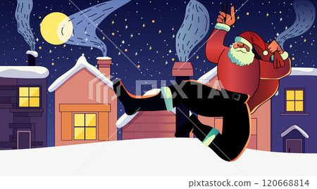 Santa Claus dancing on snowy rooftops festive night scene colorful houses starry sky cheerful holiday theme website banner 120668814