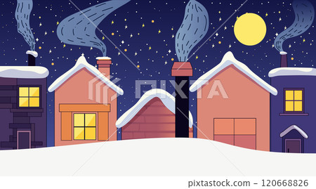 Winter night village scene with snowy rooftops and chimneys emitting smoke under a starry sky with a full moon. Cozy houses with lit windows 120668826