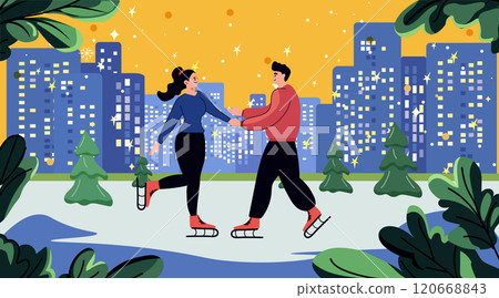Couple ice skating cityscape winter scene colorful buildings trees night sky digital art 120668843
