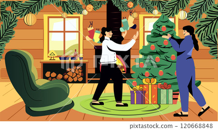 Christmas holiday home interior cozy scene festive Christmas tree decorations gifts fireplace stockings family celebration warm colors 120668848