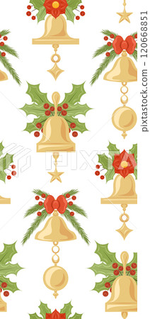 Vector seamless pattern with Christmas bells with ribbon and foliage decoration on white background in cartoon style. Festive texture 120668851