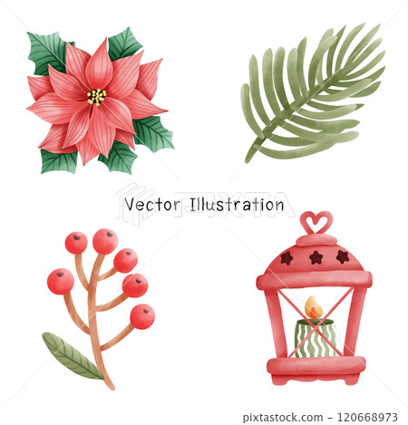 Watercolor Christmas ornament, Christmas light, holly, lantern, 120668973