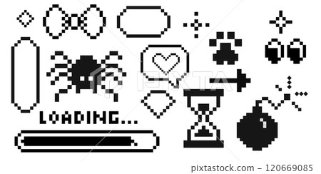 Pixxel y2k trendy elements. 8 bit groovy stickers, borders, decorations. Sandglaa, smile on face, cute paw, geometric shapes pixel art. Emoji retro Pixxel y2k trendy elements. 8 bit groovy stickers, borders, decorations. Sandglaa, smile on face, cute paw, geometric shapes pixel art. Emoji retro 120669085