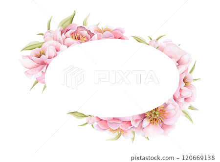 Floral pastel pink oval sticker template for watercolor wedding invitation. Round wreath frame of peony flowers isolated illustration. Garden roses clipart. Women's Day greeting card Floral pastel pink oval sticker template for watercolor wedding invitation. Round wreath frame of peony flowers isolated illustration. Garden roses clipart. Women's Day greeting card 120669138