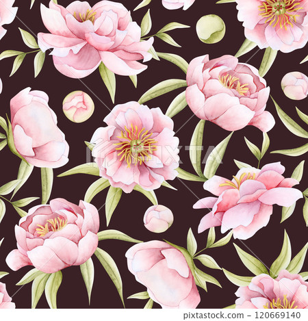 Romantic pink peony flowers with leaves and buds watercolor seamless pattern on dark brown. Floral spring garden roses repeat background for wedding design, Women's Day greeting cards and textiles Romantic pink peony flowers with leaves and buds watercolor seamless pattern on dark brown. Floral spring garden roses repeat background for wedding design, Women's Day greeting cards and textiles 120669140
