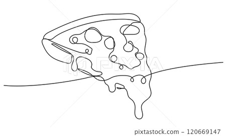 Slice of pizza one continuous line illustration. Hand drawn doodle sketch of fast food Slice of pizza one continuous line illustration. Hand drawn doodle sketch of fast food 120669147