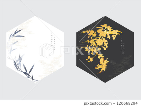 Japanese background with gold and black branch of flower and bamboo leaf texture painting texture. Oriental natural gold watercolor decoration black banner design in vintage style 120669294