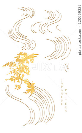 Japanese template vector. Hand drawn wave with gold flower branch background. Line pattern in Asian style with Japanese pattern. Chinese sea in oriental arts. Natural luxury texture. 120669322