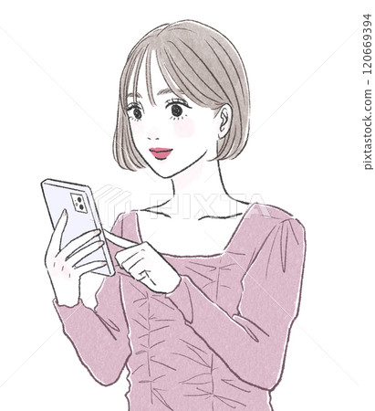 A smiling woman operating a smartphone with both hands A smiling woman operating a smartphone with both hands 120669394