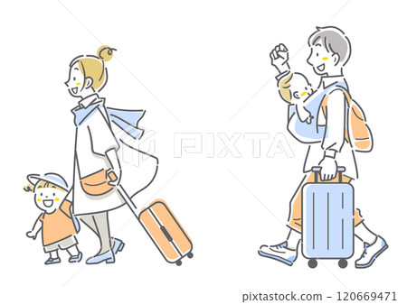 A young family leaving on a trip with smiles on their faces. Simple and stylish line drawing illustration 120669471