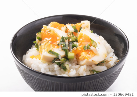 Boiled egg rice with dipping sauce 120669481