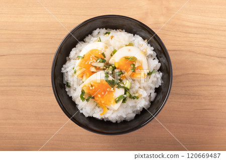 Boiled egg rice with dipping sauce 120669487