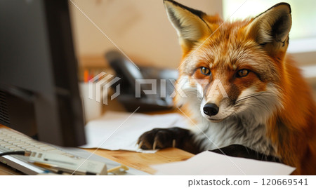 Cunning fox in business attire pretends to work in office setting with copy space for text placement 120669541