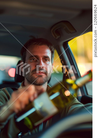 Dangerous drunk driving concept with man holding a wine bottle 120669624