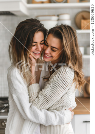Joyful lesbian couple sharing love and joy in a white kitchen 120669639