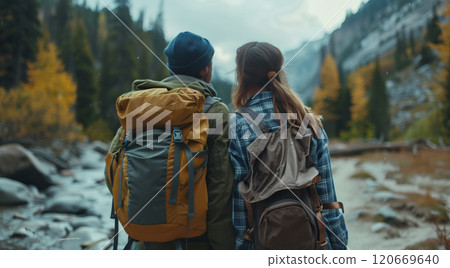 Happy young couple embracing outdoors in beautiful natural landscape 120669640