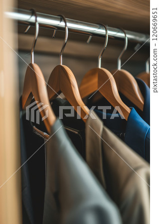Neatly organized wardrobe closet with colorful clothes on hangers 120669651