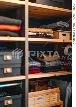 Spacious modern system storage organization wardrobe with boxes and containers 120669652