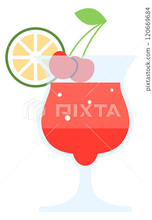 A glass of red liquid with a cherry on top 120669684