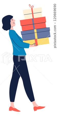 A woman is holding a stack of boxes 120669690