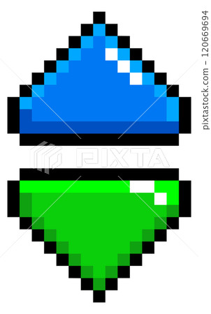 Two blue and green buttons are displayed in a pixelated style 120669694