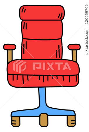 A cartoon chair with a red seat and blue legs 120669766